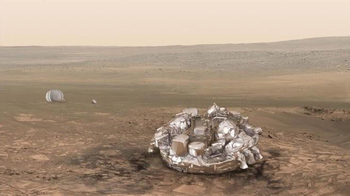 Simulación del módulo 'Schiaparelli' sobre la superficie de Marte. Forma parte de la mision ruso-europea ExoMars.