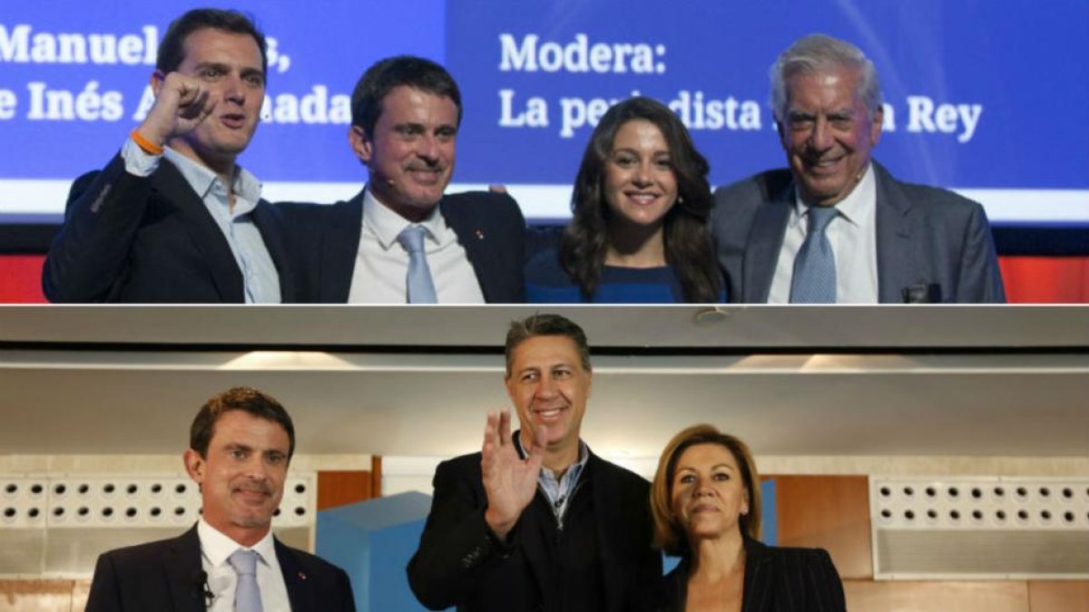 Manuel Valls, arriba, en el acto de Ciutadans, y debajo, en el del PPC, este sábado.