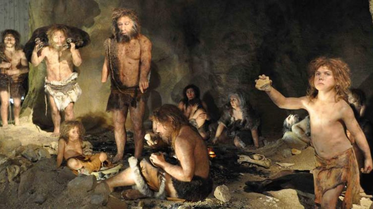 Recreación de un grupo de neandertales, en cuya dieta estaría una amplia variedad de moluscos.