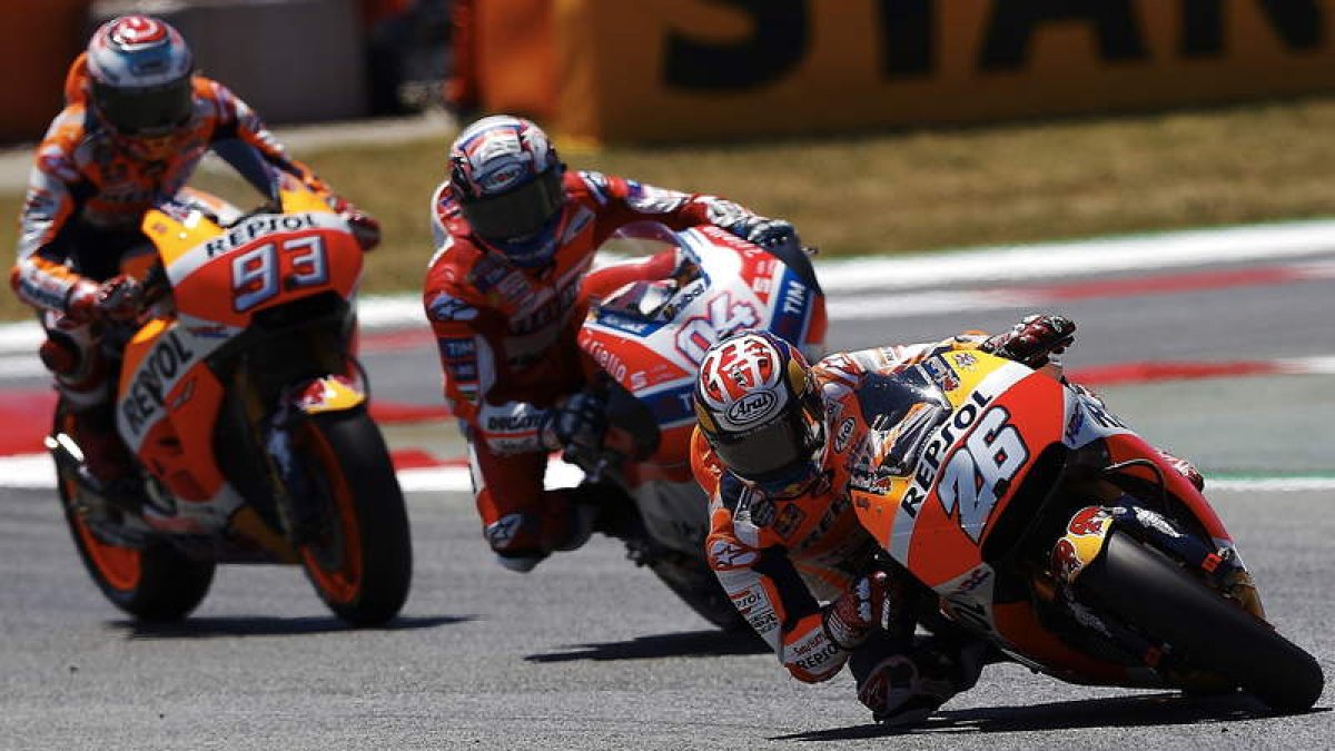 Pedrosa, Dovizioso y Márquez, los tres inquilinos del podio en MotoGP en el GP de Cataluña. ALEJANDRO GARCÍA