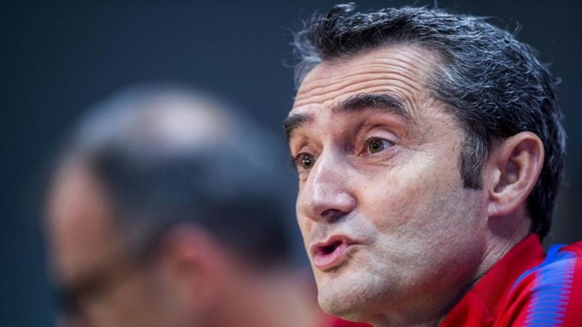 Ernesto Valverde, en la conferencia de prensa de hoy, previa al entrenamiento en la Ciudad Deportiva Joan Gamper.