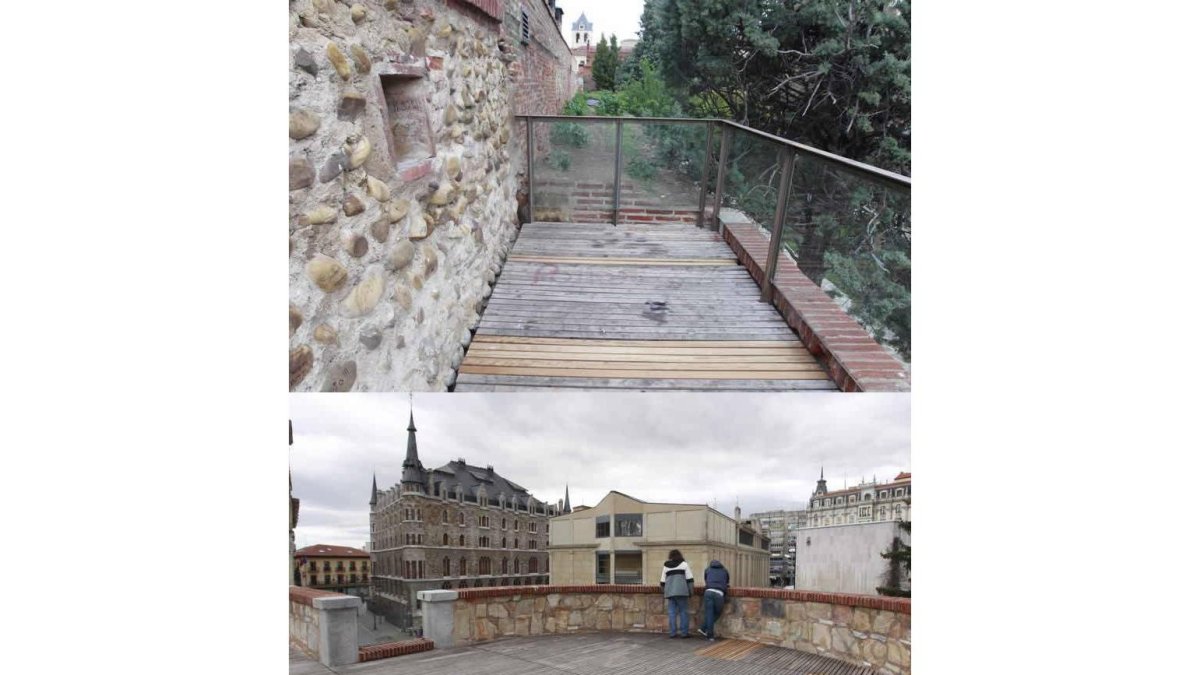 En el suelo del tramo de la muralla paseable de Ruiz de Salazar se aprecian los ‘remiendos’ en el piso que se ha reparado. También se han quitado los grafitis.