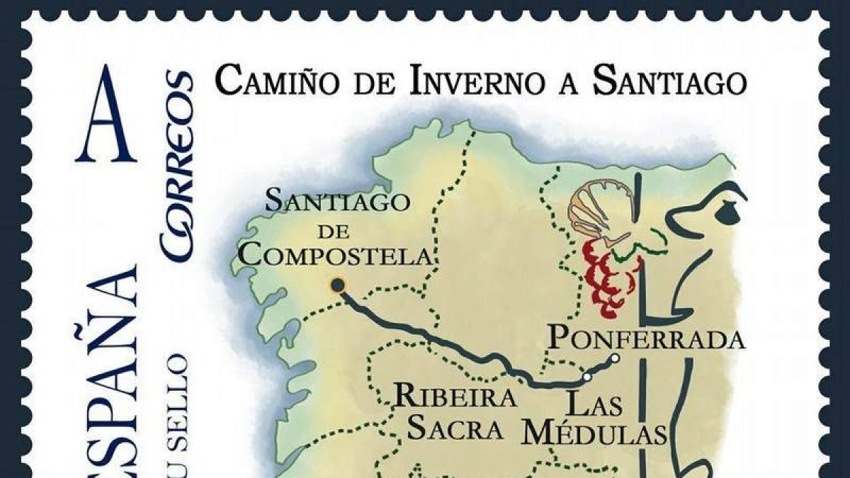 El sello de Correos reproduce el mapa de la ruta, con hitos en Ponferrada y Las Médulas.