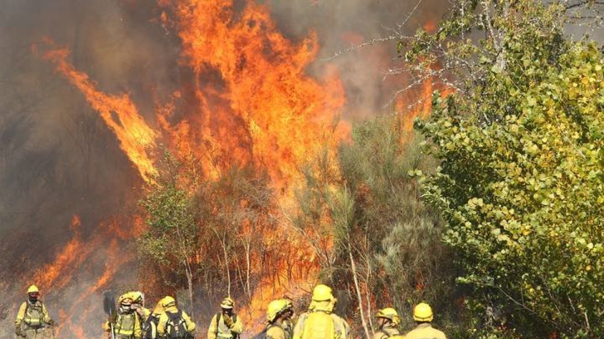 Los operarios de las brigadas antiincendios trabajan en Quilós. CÉSAR SÁNCHEZ