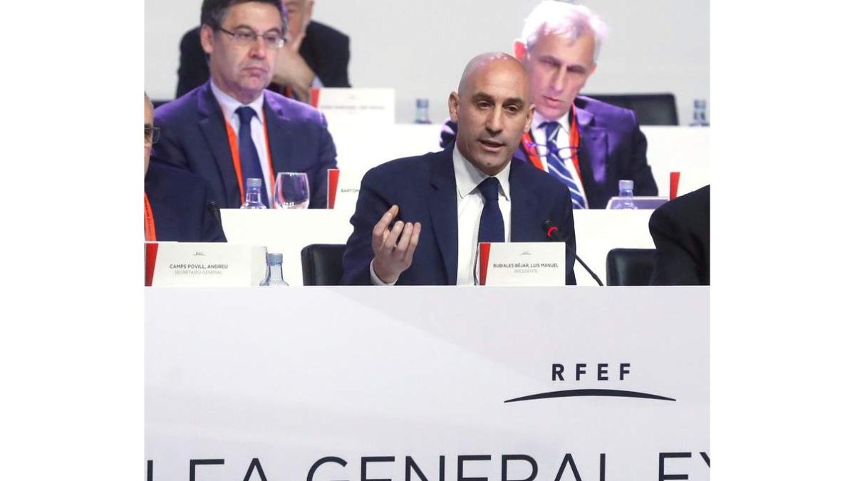 Luis Rubiales durante la Asamblea General en sesión extraordinaria de la RFEF. JUAN CARLOS HIDALGO