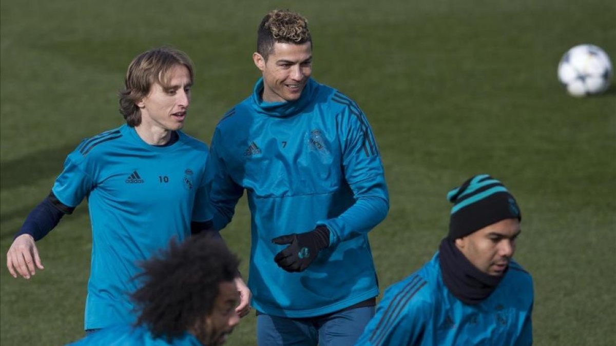 Marcelo, Modric, Ronaldo y Casemiro, durante el entrenamiento de este martes en la ciudad deportiva blanca.