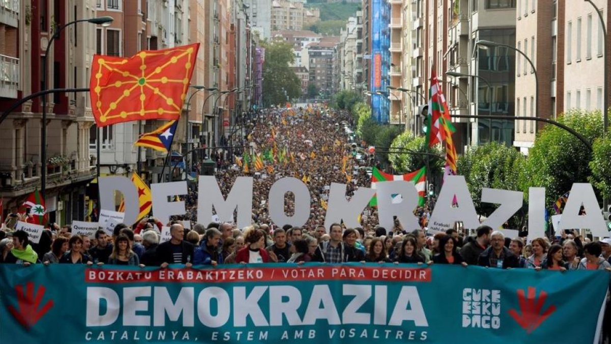 Manifestación a favor del referéndum del 1-O en Cataluña, el pasado 16 de septiembre en Bilbao