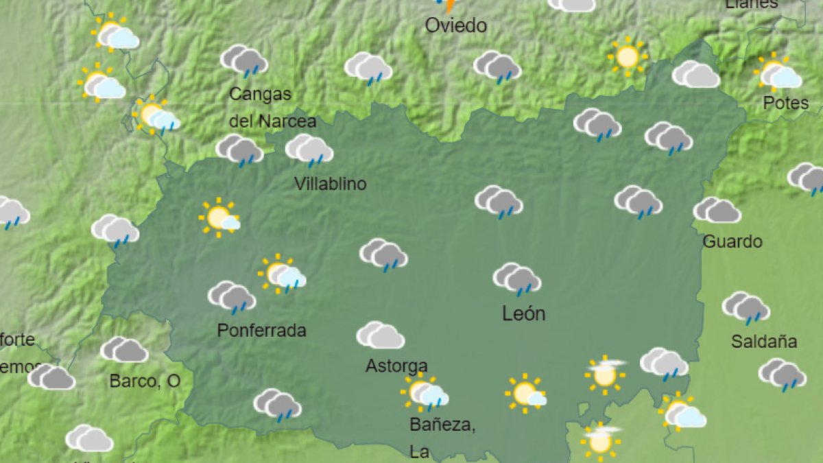 Mapa con la predicción del cielo para León, hoy a las 14.00 horas