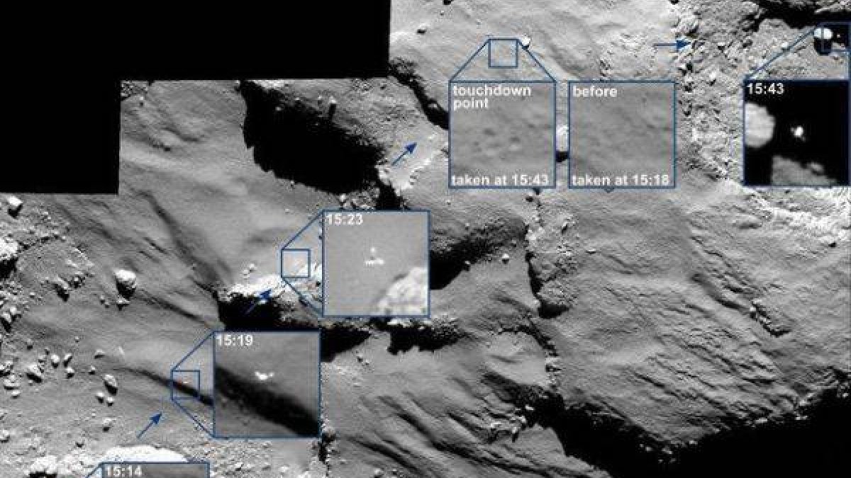 Aterrizaje del módulo 'Philae' sobre la superficie del cometa 67P/Churyumov-Gerassimenko.