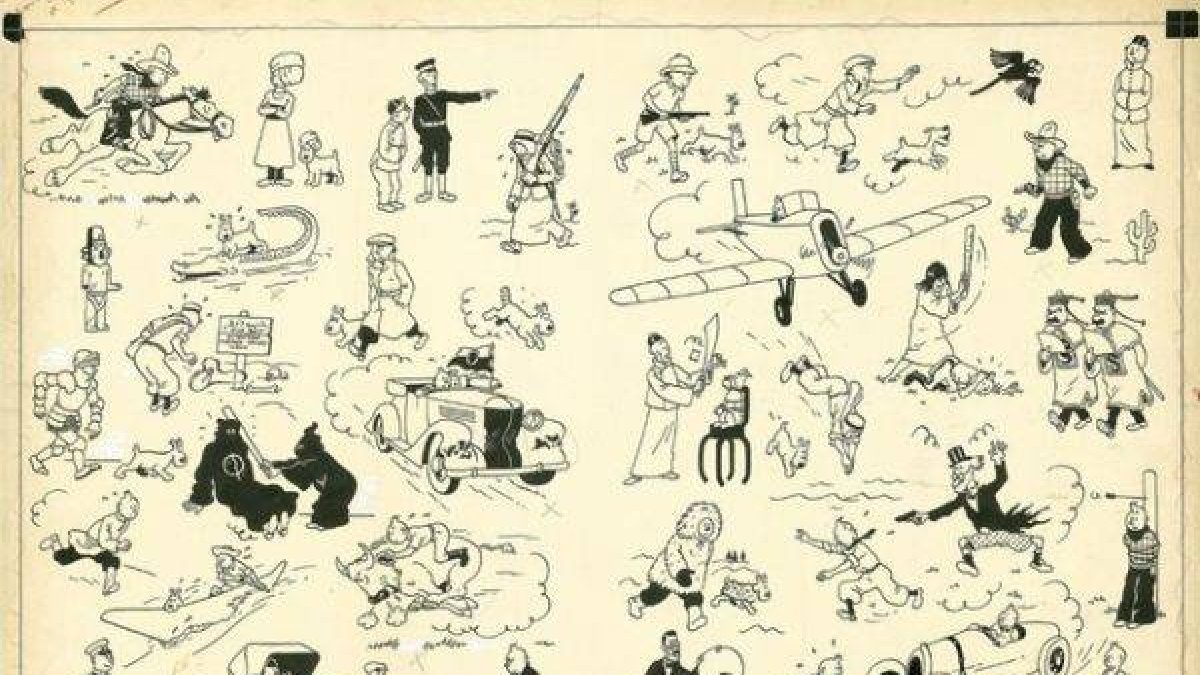 Ilustración de Hergé, de 1937, para las guardas de los álbumes de Tintín.