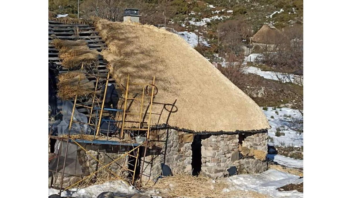 El dinero de la Consejería de Cultura ha servido para reconstruir el tejado de la palloza de Campo del Agua de acuerdo con los métodos tradidicionales dela zona. La delegada de la Junta y el alcalde han vistado el edificio. DL
