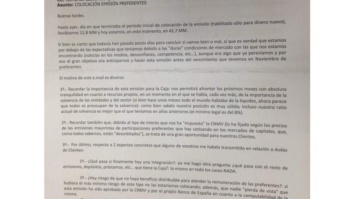 Documento remitido a directores de oficina en el 2009.