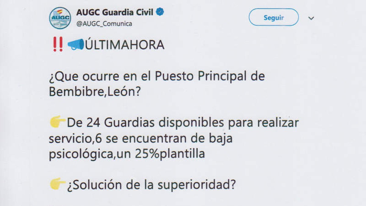 El tuit emitido por la asociación de la Guardia Civil, AUGC. DL