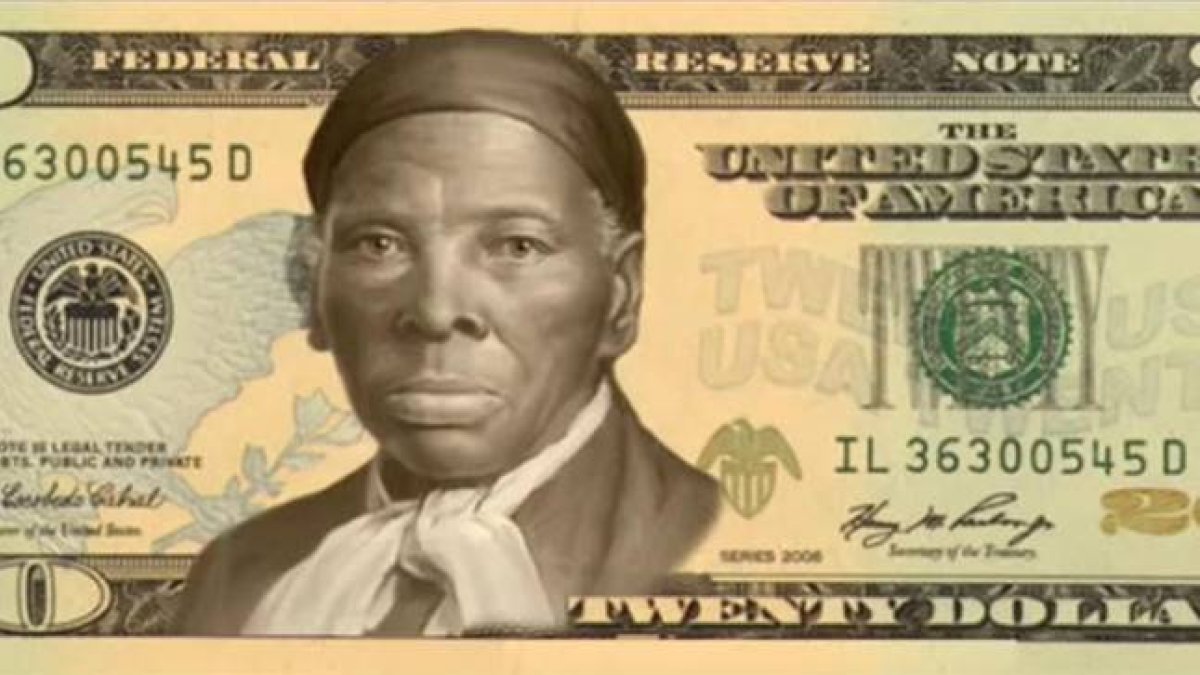 Billete simulado de 20 dólares con la imagen de Harriet Tubman.