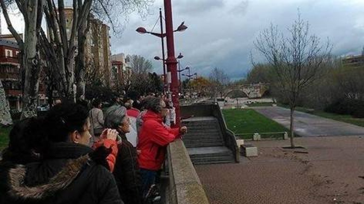 Decenas de vecinos contemplan el estado del río Bernesga a su paso por León