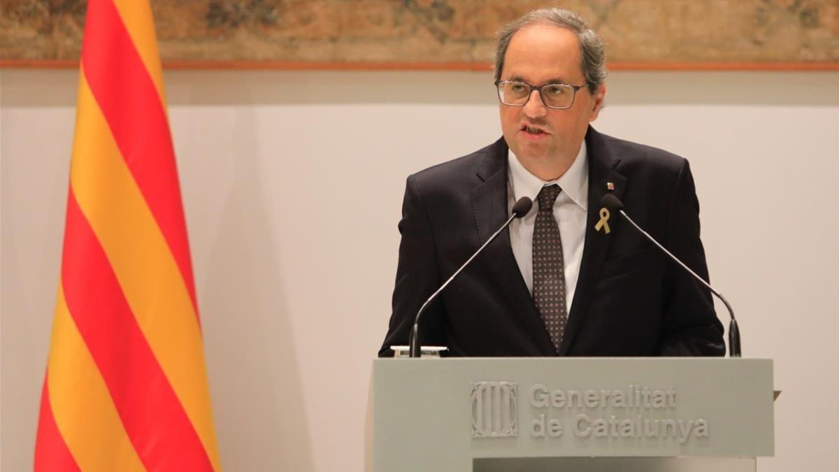 El president de la Generalitat, Quim Torra, durante su comparecencia esta mañana.
