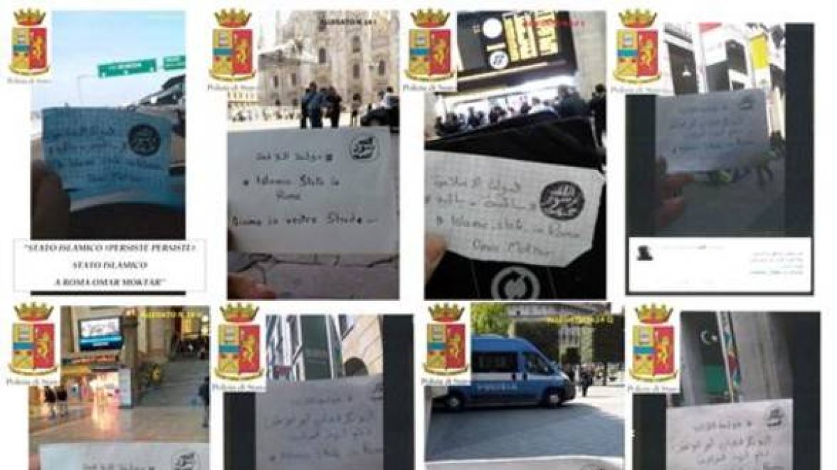Fotos hechas por los detenidos con mensajes del Estado Islámico ante monumentos en Italia.