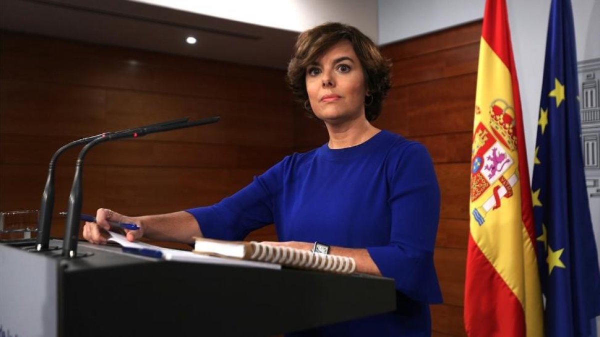 Comparecencia de Soraya Sáenz de Santamaría en el Palacio de la Moncloa.