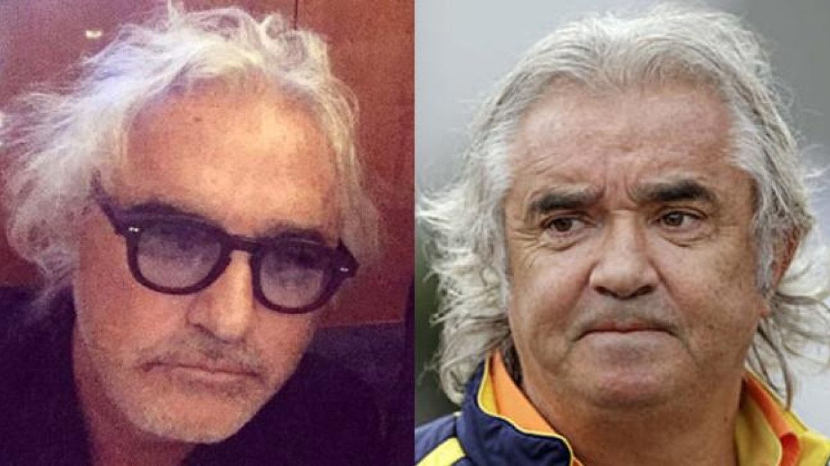 Flavio Briatore tras su operación de cirugía (izquierda) y en una imagen anterior.