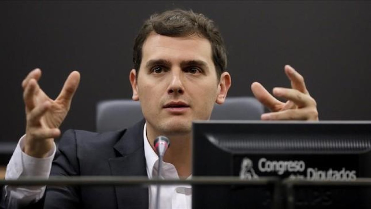 El líder de Ciudadanos, Albert Rivera, este viernes en rueda de prensa en el Congreso.