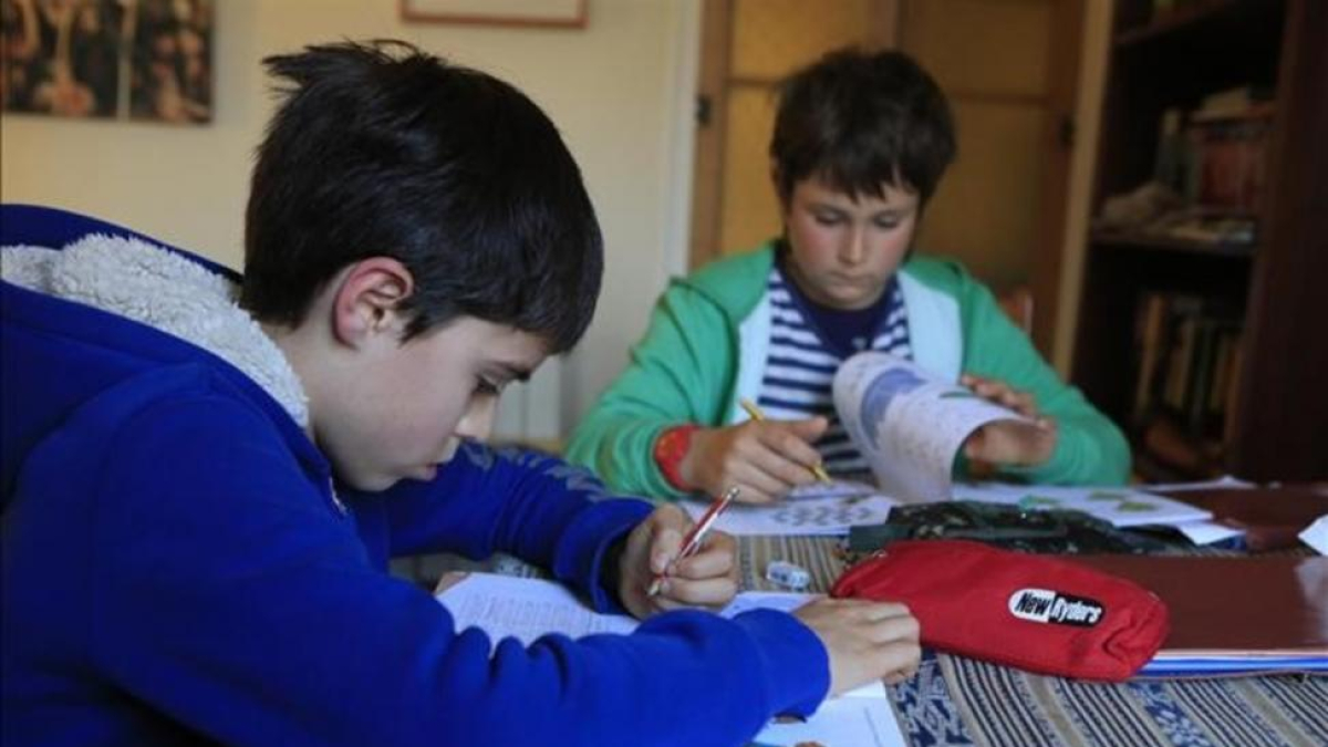 Pau y Unai, alumnos de quinto de primaria, hacen deberes en casa de uno de ellos.