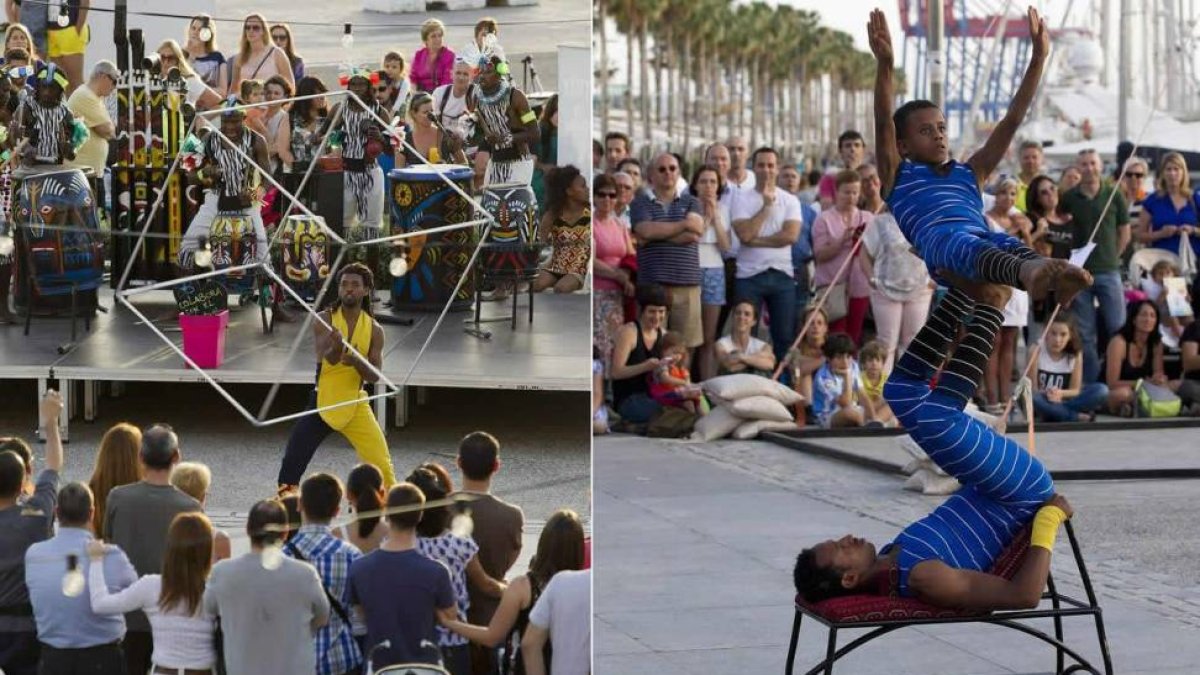 Dos momentos de la actuación del grupo circense etíope Fekat Circus, que hoy actúan con los músicos keniatas Slum Drummers.