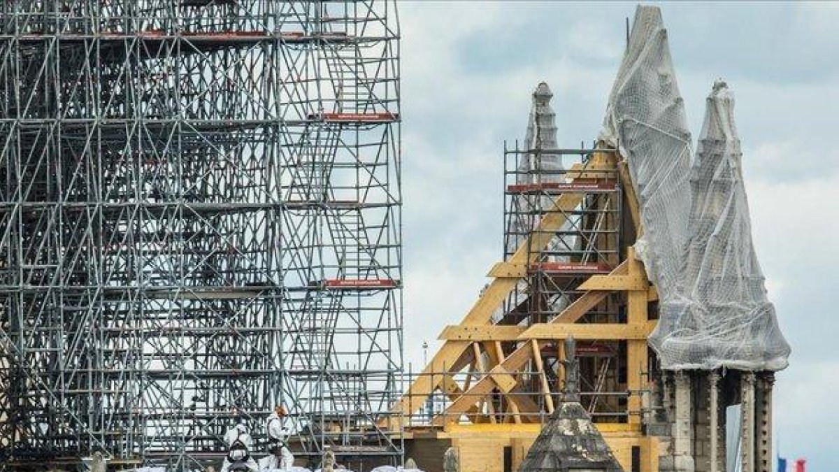 Vista de los trabajos de consolidación en la fachada de la Catedral de Notre Dame.