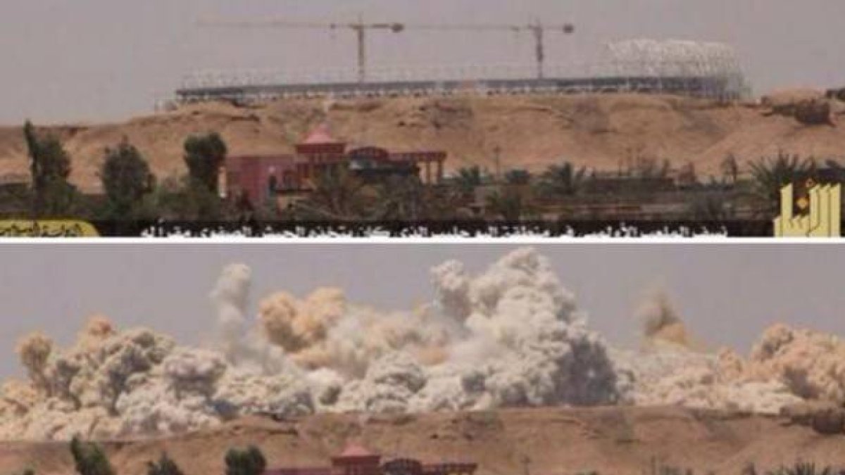 El Estadio Olímpico de Ramadi antes y después de su destrucción con explosivos.