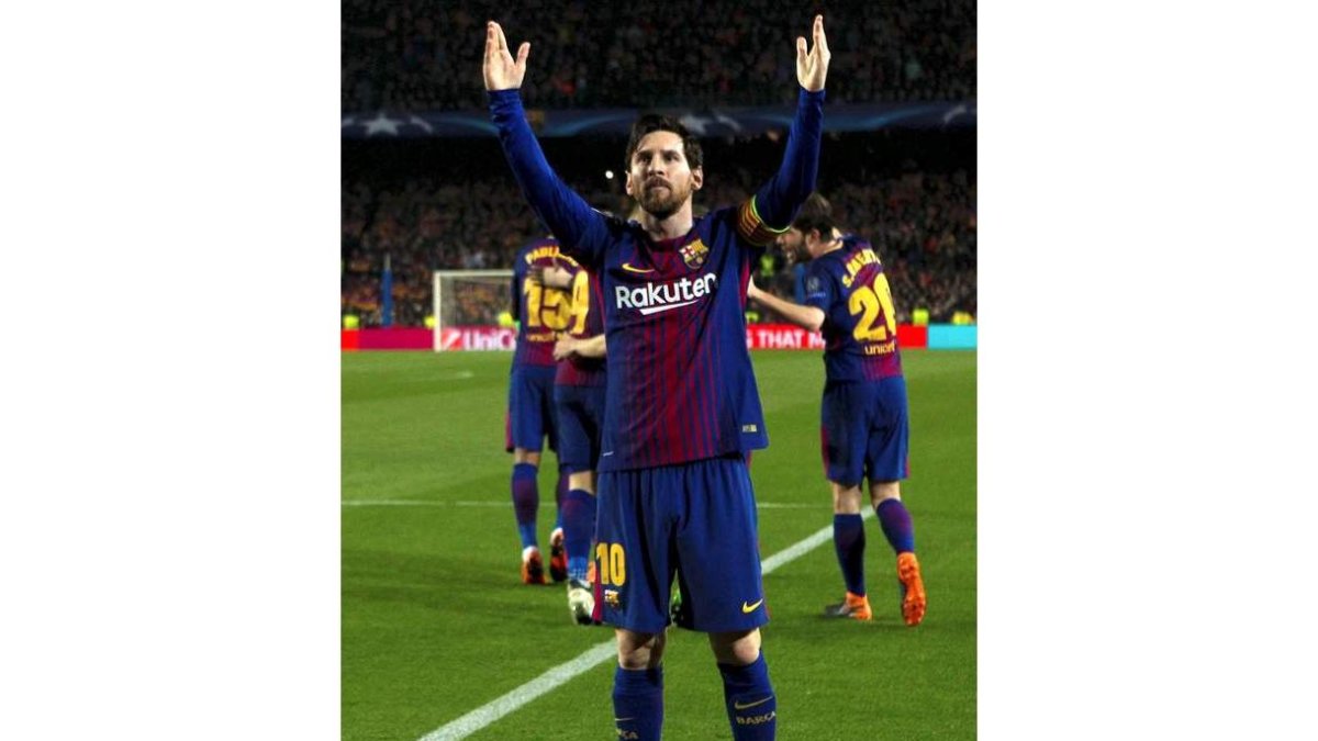 Leo Messi celebra el tercer gol del equipo blaugrana en el partido correspondiente a la vuelta de octavos ante el Chelsea.