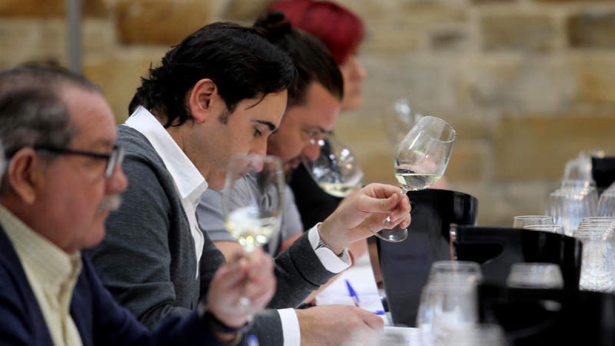 Comité de cata de 25 expertos externos que evaluó ayer la cosecha de vino del Bierzo de 2015. A. F. B.