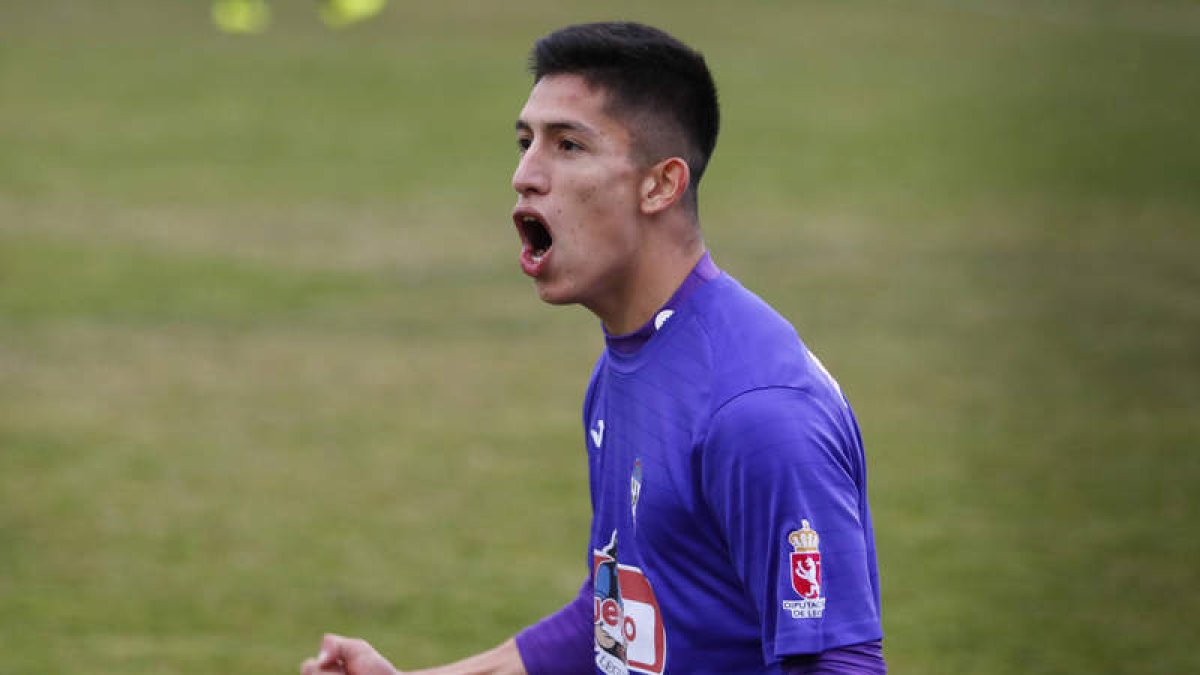 Pablo Brítez celebra por todo lo alto el espléndido gol materializado ante el equipo palentino. JESÚS