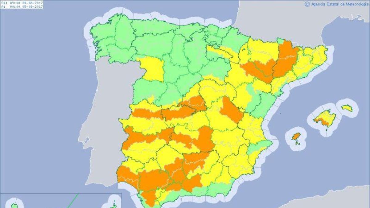 Mapa de la Aemet con los avisos de la península