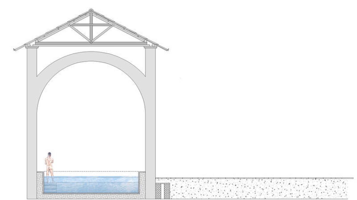 Recreación de la piscina del frigidarium de las termas de la Legio VI. Abajo, parte de un labrum de las termas. MORILLO CERDÁN