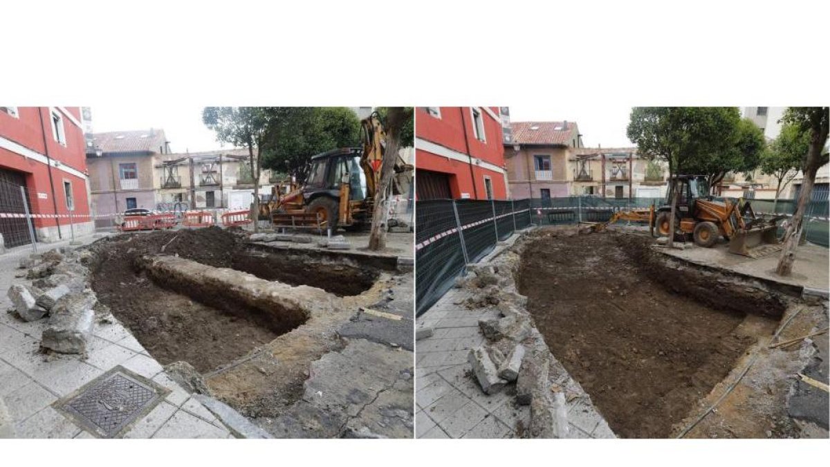 A la izquierda, imagen de la cata tomada el miércoles en la que aparece el muro y a la derecha, la zanja ya sin el vestigio. RAMIRO
