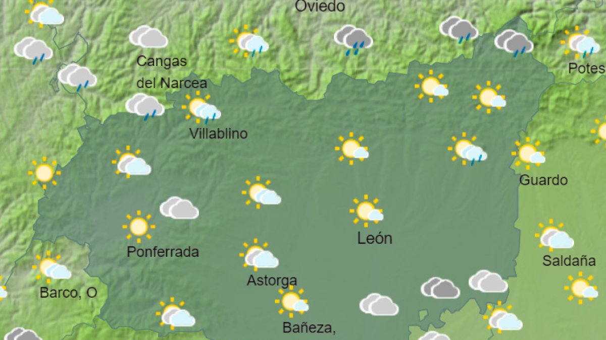 Mapa de la Agencia Estatal de Meteorología con la predicción del estado del cielo para hoy en León a las 15.00 horas, AEMET