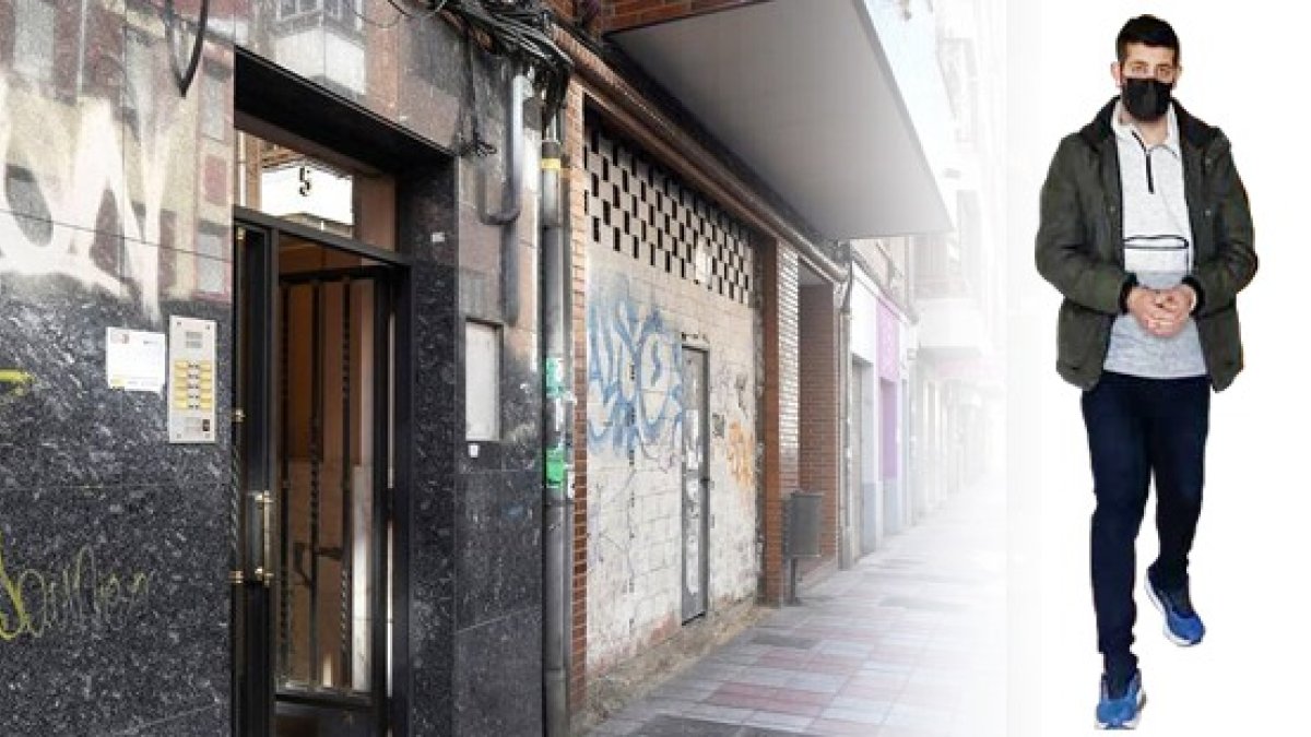 El autor confeso del crimen de Obispo Almarcha y el portal donde vivía como inquilino de la mujer a la que acribilló con un arma blanca, hace ahora dos años. DL