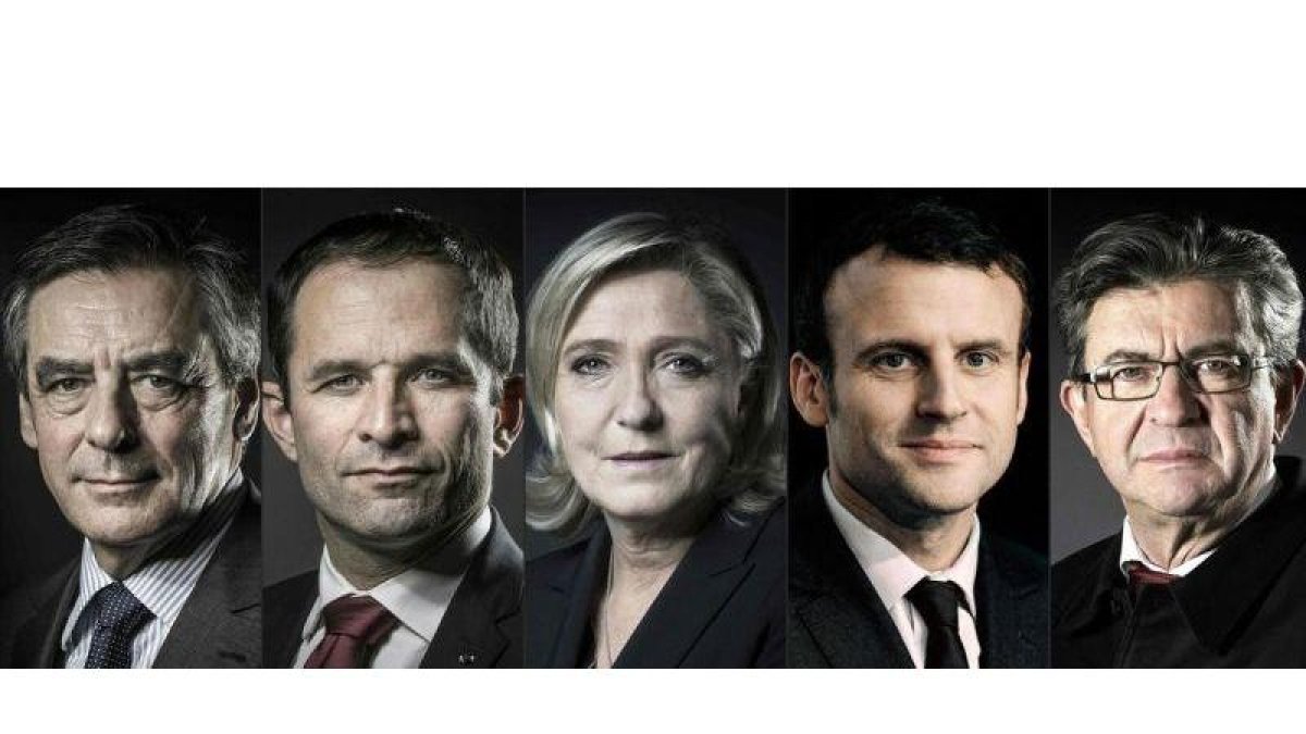 De izquierda a derecha, los candidatos al Elíseo: Fillon, Hamon, Le Pen, Macron y Mélenchon.