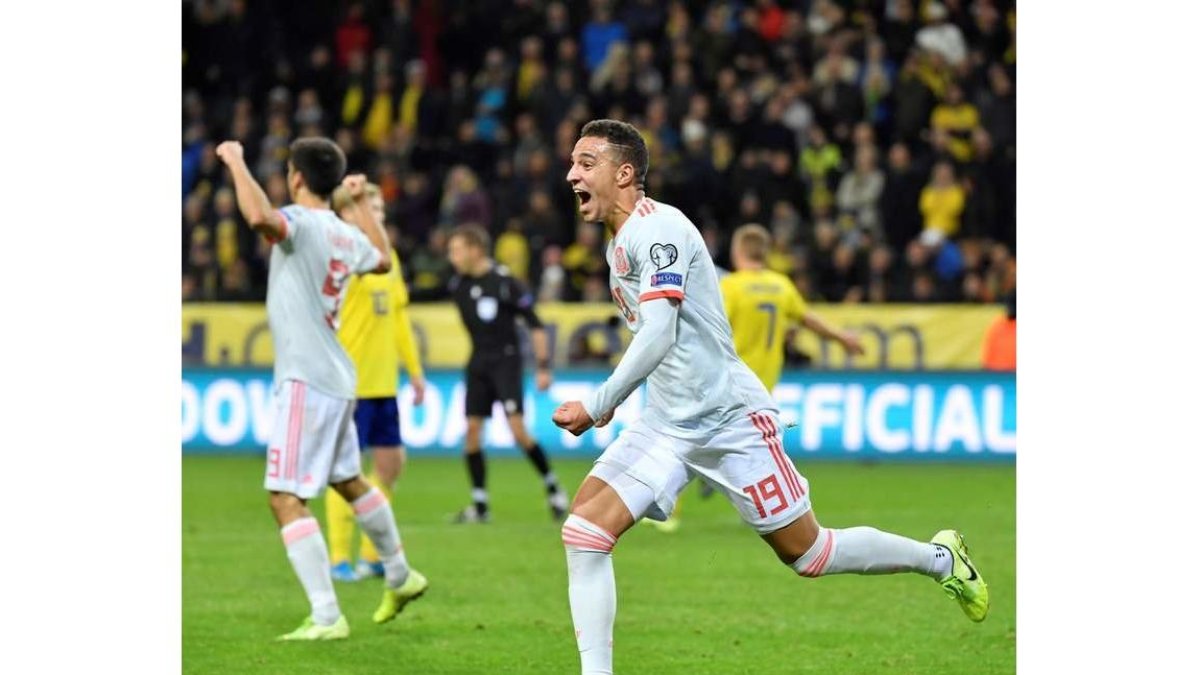 Rodrigo Moreno celebra el gol del empate ante Suecia que da la clasificación a España. JESSICA GOW/TT