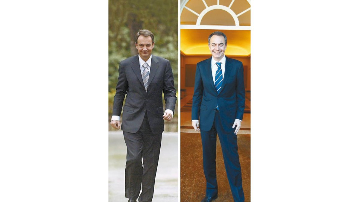 A la izquierda, Zapatero entrando en La Moncloa el 17 de abril del 2004. A la derecha, en La Moncloa, el 19 de diciembre. Último día de presidente.