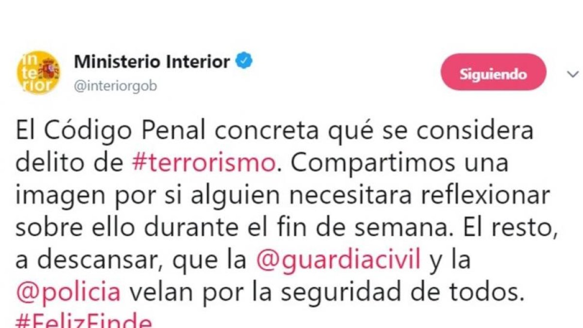 El polémico tuit del ministerio de Interior sobre qué se considera delito de terrorismo según el Código Penal.