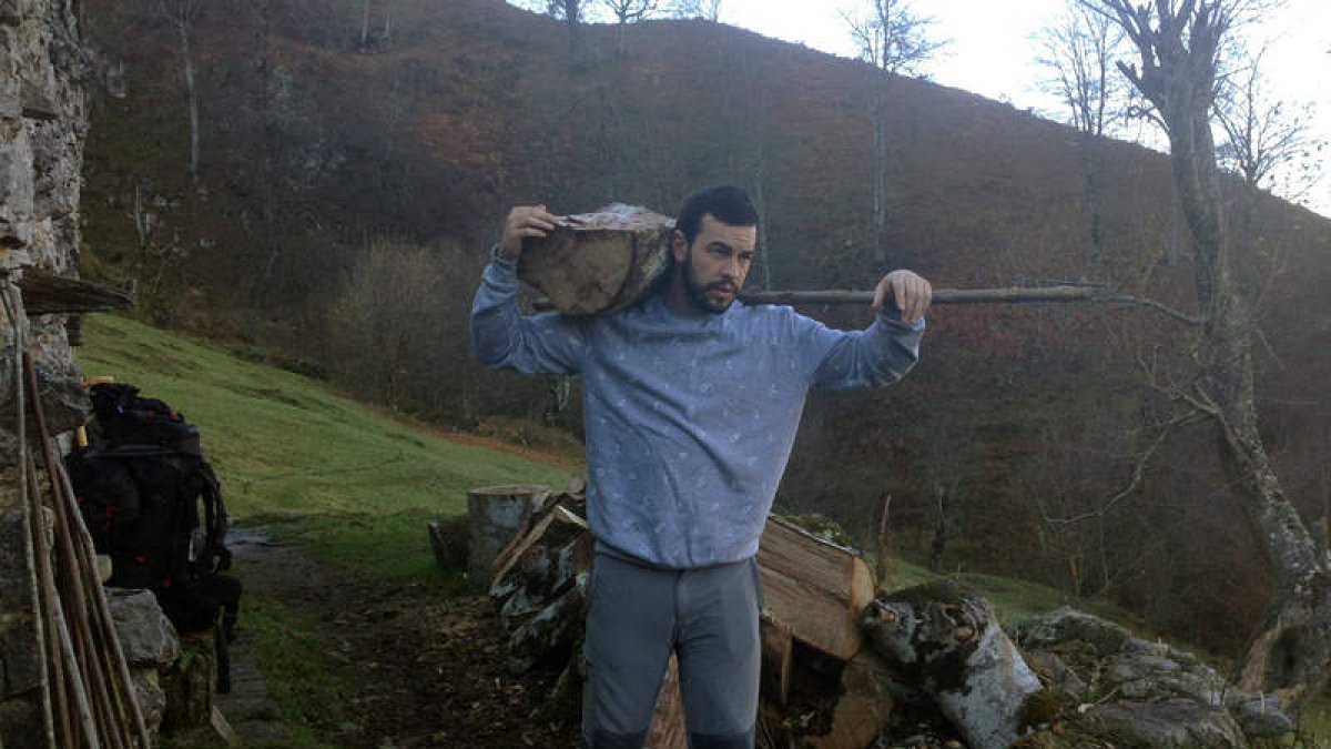 Mario Casas familiarizándose con los oficios propios del monte acarrea leña en Picos de Europa. CRISTINA CORTE / LA NUEVA ESPAÑA