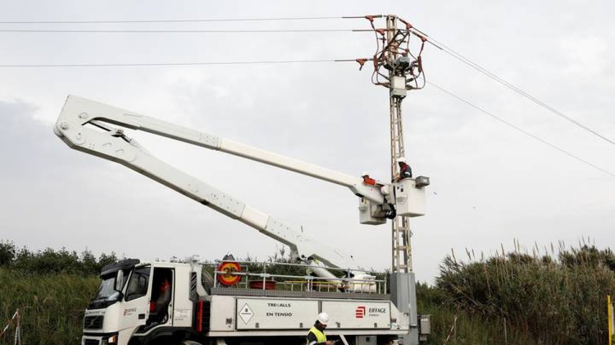 perarios de la Red Electrica, trabajando hoy. JUAN CARLOS CÁRDENAS
