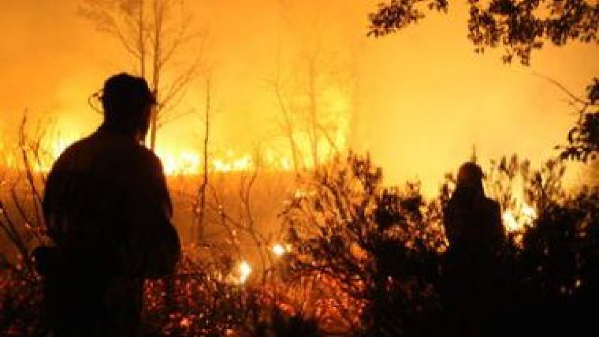 Dos brigadistas, durante una extinción en Santovenia del Monte en el 2008.