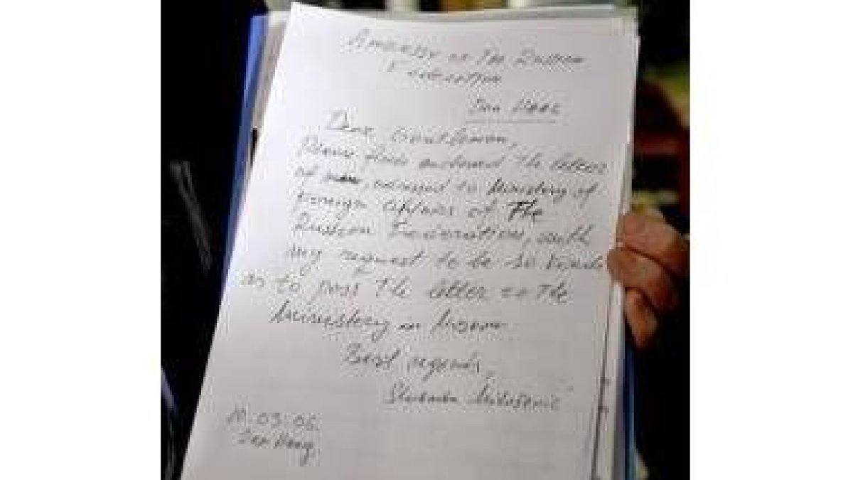 Carta de Milosevic enviada a la embajada de Rusia