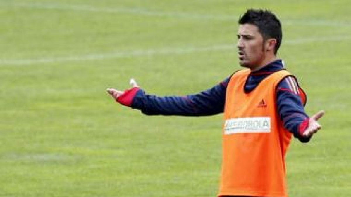 Villa durante el entrenamiento de ayer.
