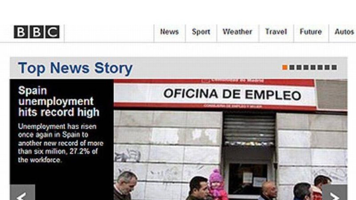 Apertura de la web de la BBC con la noticia del paro en España, a primera hora de este jueves.