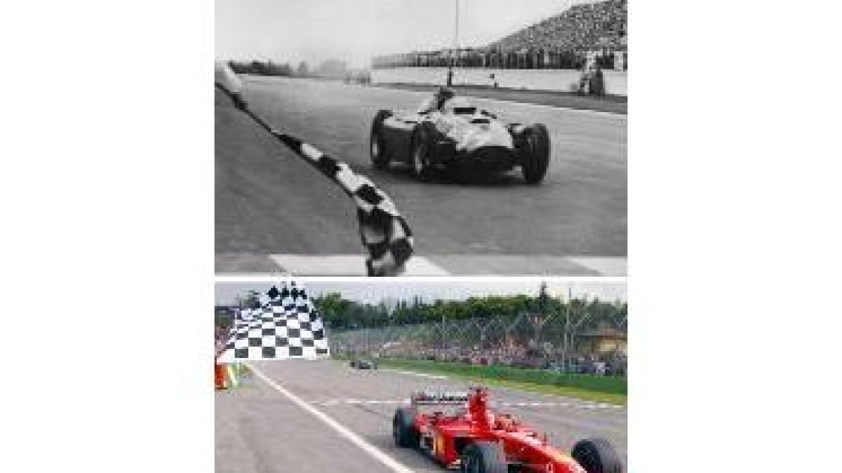 Montaje de Fanigio y Schumacher ganando los dos su quinto mundial