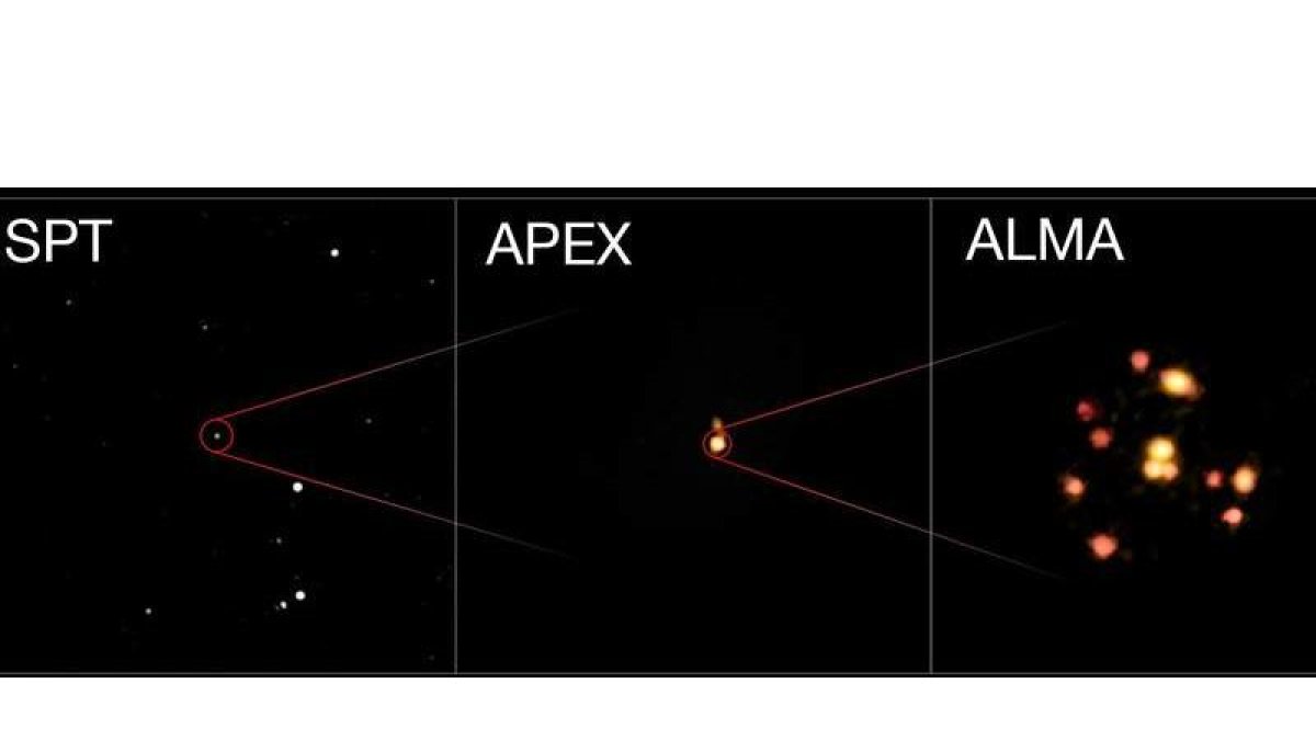 Impresión artística de la inminente fusión de galaxias en el universo temprano. EFE/ESO