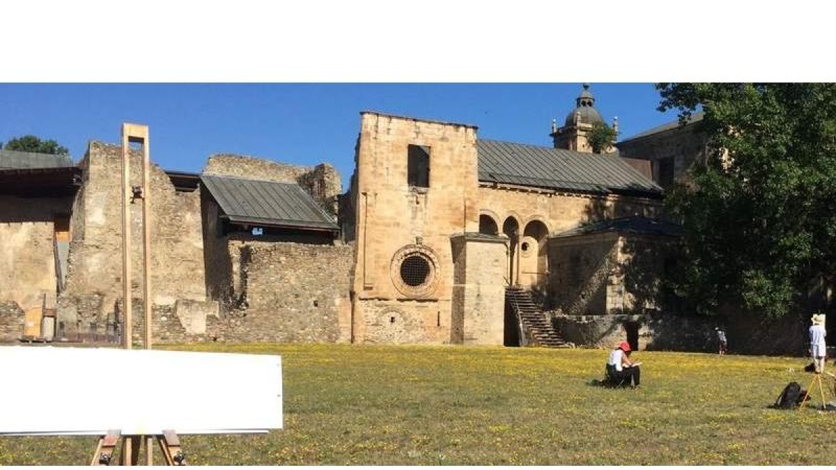 Pintores ante el monasterio de Carracedelo. ESCUELA CARRALERO