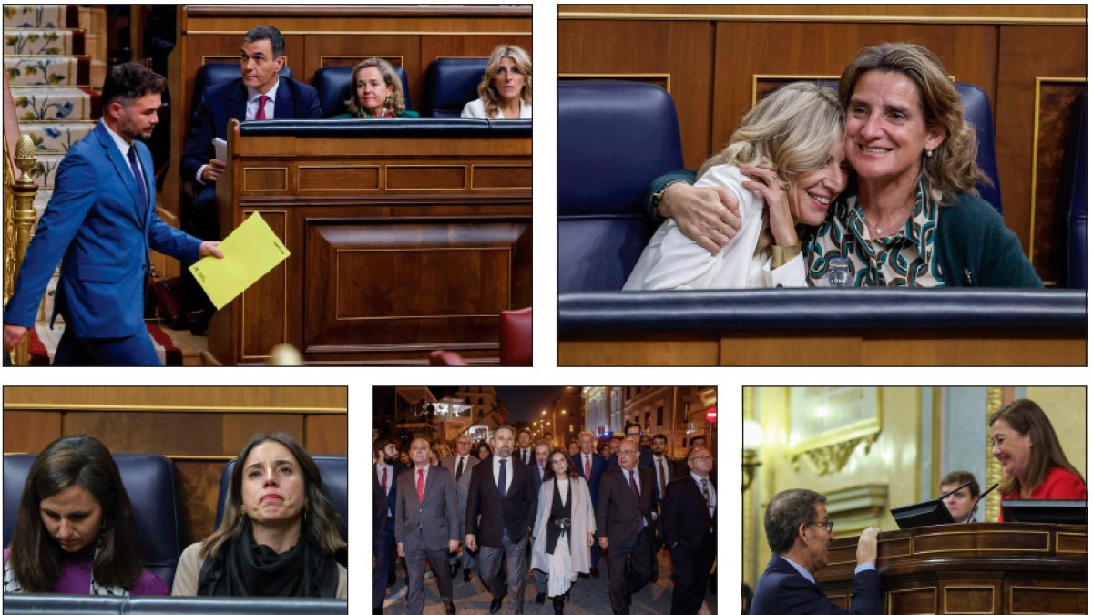 Rufián, Díez, Ribera, Belarra y Montero, en varios momentos del debate, que Abascal abandonó tras su intervención. GONZÁLEZ/PÉREZ/HIDALGO